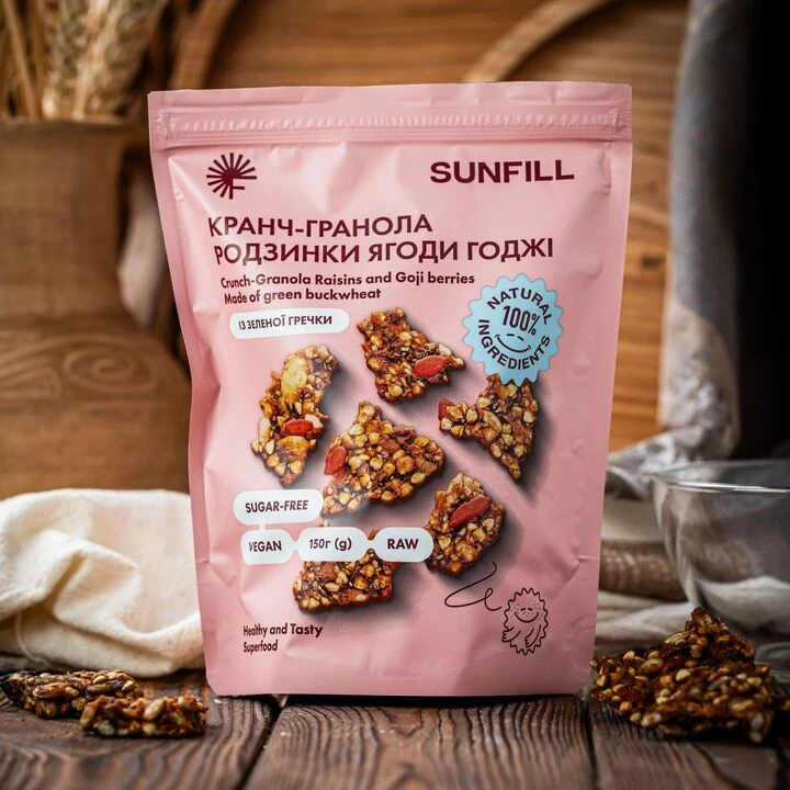 Кранч-гранола Sunfill родзинки ягоди годжі із зеленої гречки без цукру 150г - 100shop - 1