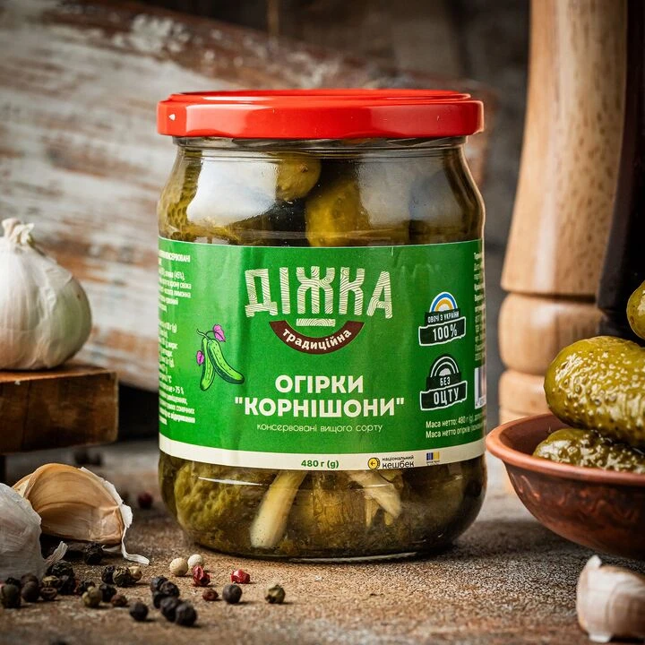 Огірки корнішони Діжка 480г - 100shop - 1